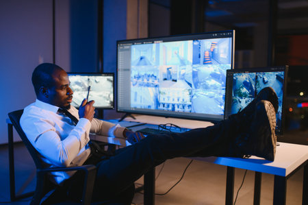 African American security officer or dispatch uses computer and walkie talkie, looks at screens.