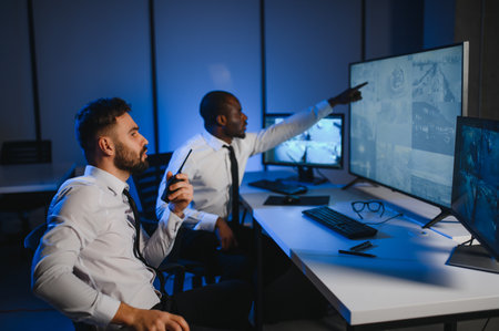 Two security guards sitting by workplace in front of computer monitors and observing cctv video on screensの写真素材