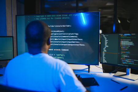 Portrait of African American male programmer in office at night.