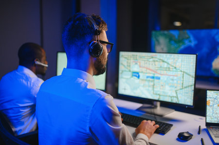 Center of dispatching maintenance. Portrait of men working via headset microphone while sitting on...