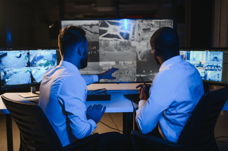Two security guards sitting by workplace in front of computer monitors and observing cctv video on...