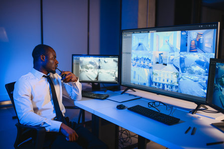 African American security officer or dispatch uses computer and walkie talkie, looks at screens.の写真素材