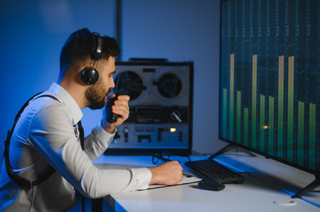 A police officer records a telephone conversation on a tape recorder. secret agentの写真素材