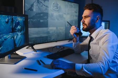 Male Security Guard Talking On Walkie talkie While Monitoring Multiple CCTV Footage On Computer.