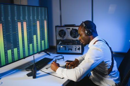 A police officer records a telephone conversation on a tape recorder. secret agentの写真素材