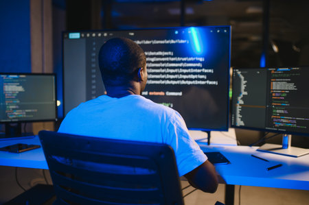 photo of smart skilled introvert tester write typing operating data security evening office dark...