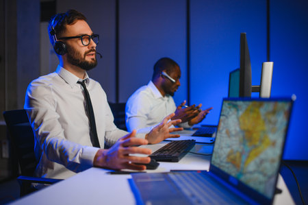 Center of dispatching maintenance. Portrait of men working via headset microphone while sitting on...