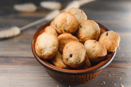 Fresh pastries. Delicious cookies on a wooden background.の写真素材