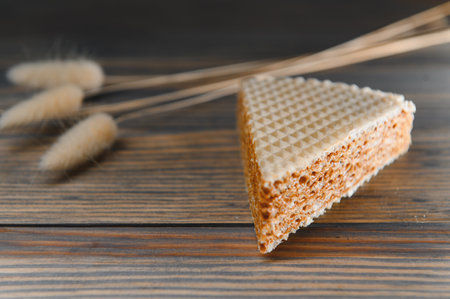 waffle with caramelized condensed milk on a wooden background.の写真素材