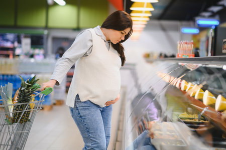 A portrait of pregnant woman customer walking along supermarket. Family people lifestyle. Mom.の写真素材