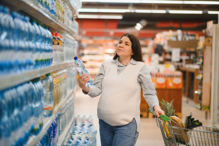 Beautiful pregnant woman buying bottled drinking water in supermarket.