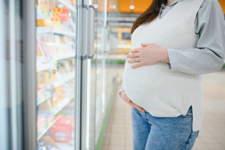 Pregnant woman choosing and buying food in supermarket.の写真素材