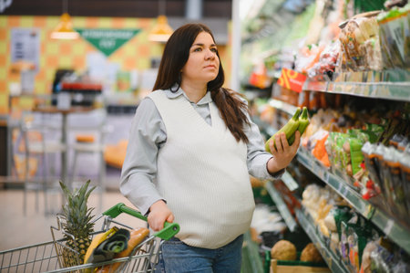 A portrait of pregnant woman customer walking along supermarket. Family people lifestyle. Mom.の写真素材