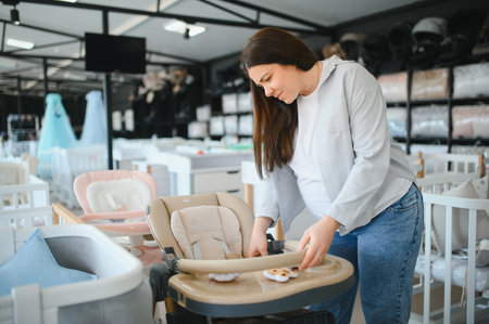 Caucasian pregnant woman chooses a high chair in a children's store.の写真素材