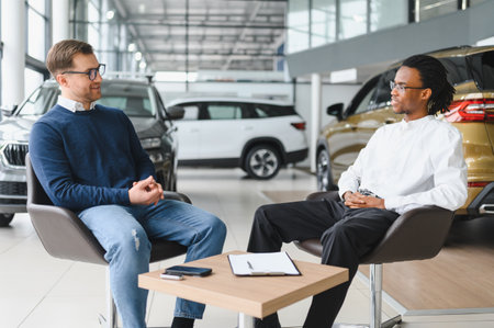 car salesman in car dealership signing contract at table with male buyer.の写真素材