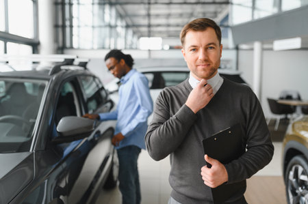 Portrait of Modern car seller standing in car salon with copy space.の写真素材