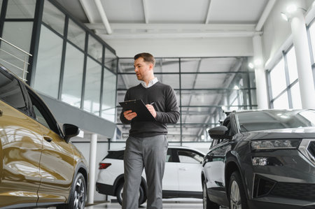 car seller standing in car salon and waiting for customers to come on sale.