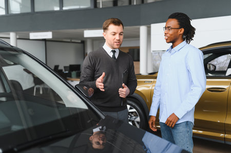 Car Sales Manager Showing Auto To Buyer Standing In Luxury Automobile Dealership Store.