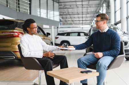 caucasian sales agent and African customer man shaking hands in dealership, they agreed on the sale.の写真素材