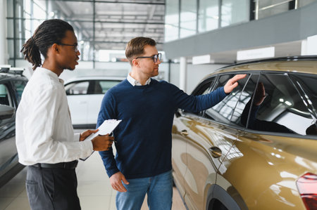 A consultant at a car dealership helps a customer choose a new car.の写真素材