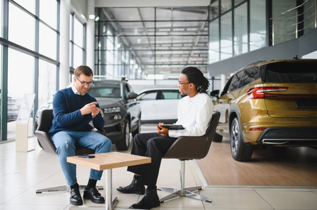 A man holds the keys to a new car. A contract has been signed with a dealer to purchase the car.
