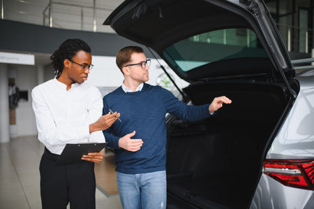 Male car dealer having conversation with pensive young man client at showroom. Man listening manager...