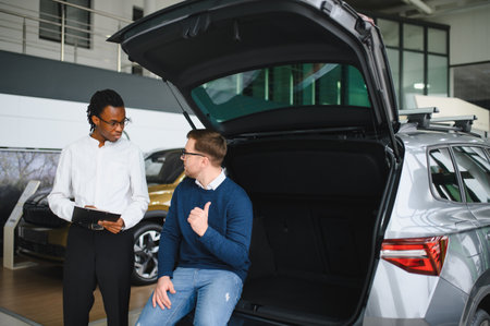 A consultant at a car dealership helps a customer choose a new car.の写真素材