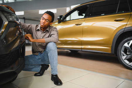 Portrait of a happy African man smiling posing near his new car at the local dealership.の写真素材