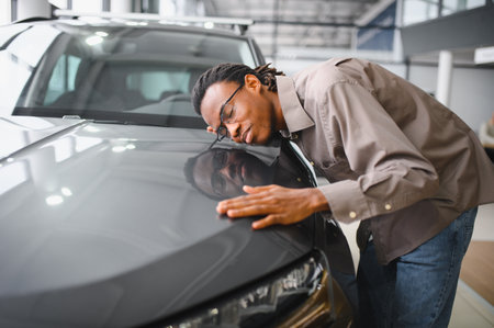 Young African American man is choosing a new vehicle in car dealership.の写真素材