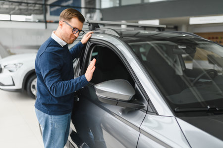 Young man is choosing a new vehicle in car dealership.の写真素材