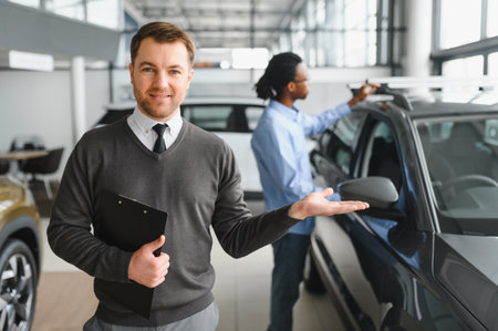 Portrait of Modern car seller standing in car salon with copy space.の写真素材