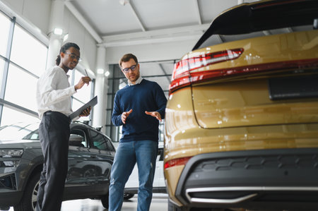 Portrait of male client talking to professional car dealer in dealership. Concept of choosing and buying new auto.の写真素材