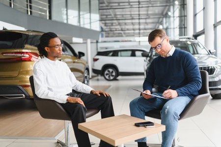 Dealer with male customer signing documents at auto salon. Bearded man in buying new vehicle at car center.の写真素材