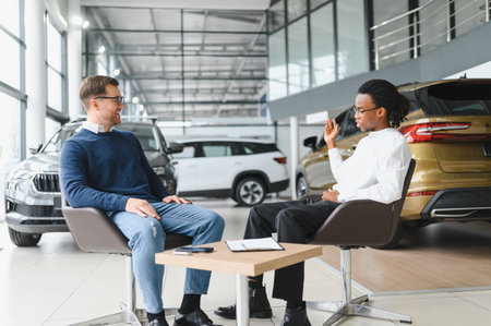 client male purchasing automobile in dealership, signing paper, with car dealer. Concept of buying new auto at showroom.の写真素材