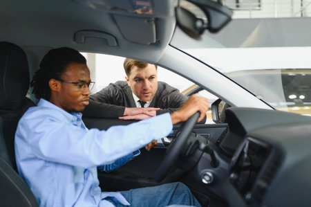 Male car dealer having conversation with pensive young man client at showroom. Man listening manager...
