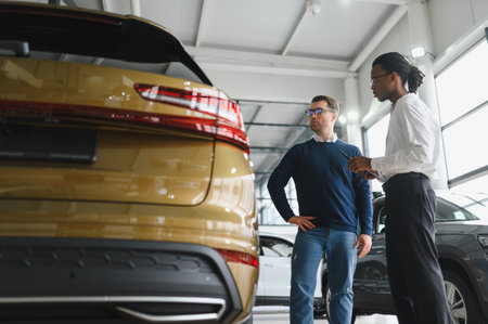 Male car dealer having conversation with pensive young man client at showroom. Man listening manager while buying car at dealership centerの写真素材