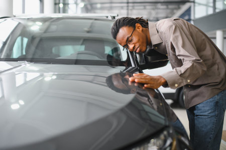 African American Man buying a car at a showroom.の写真素材