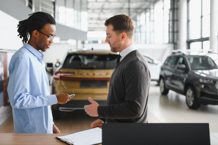 caucasian sales agent and African customer man in dealership, they agreed on the sale.の写真素材