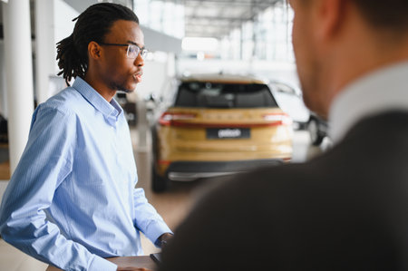 manager car salesman in car dealership signing contract at table with male buyer.