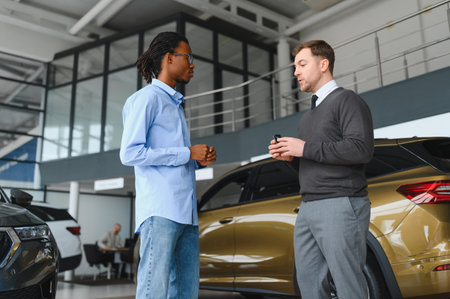 Portrait of male client talking to professional car dealer in dealership. Concept of choosing and buying new auto.の写真素材
