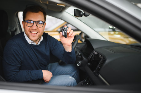 Happy man showing the key of his new car.の写真素材