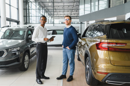Male car dealer helps customer choose car in car dealership. Man buys new car.