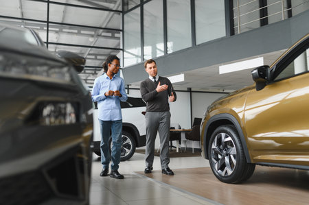 Car Sales Manager Showing Auto To Buyer Standing In Luxury Automobile Dealership Store.