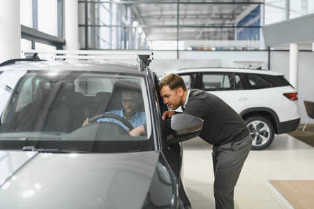 A consultant at a car dealership helps a customer choose a new car.の写真素材