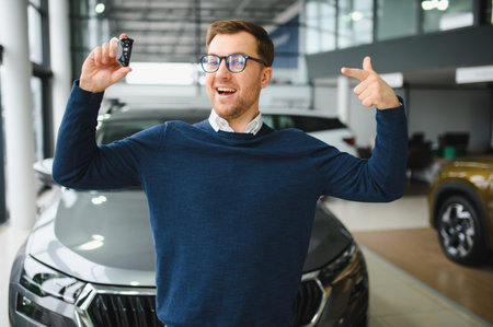 Happy man showing the key of his new car.の写真素材