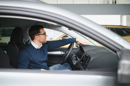 Man buying a car at a showroom.の写真素材