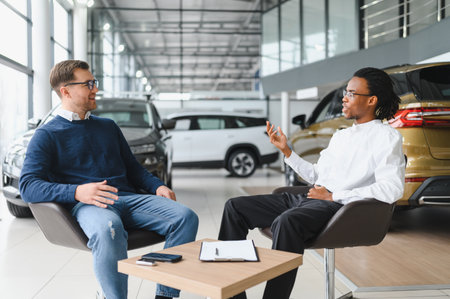 A consultant at a car dealership helps a customer choose a new car.の写真素材