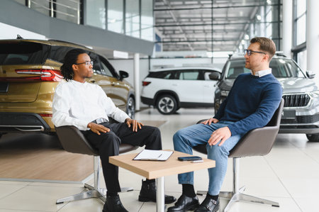 manager car salesman in car dealership signing contract at table with male buyer.の写真素材