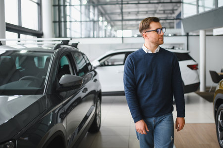 Young man is choosing a new vehicle in car dealership.の写真素材