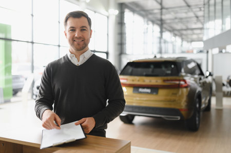 car seller standing in car salon and waiting for customers to come on sale.